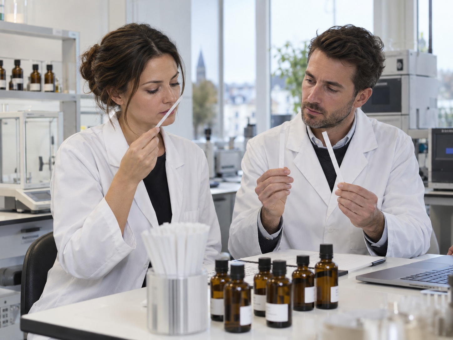 Illustrative fragrance laboratory scene: two perfumers comparing scent strips