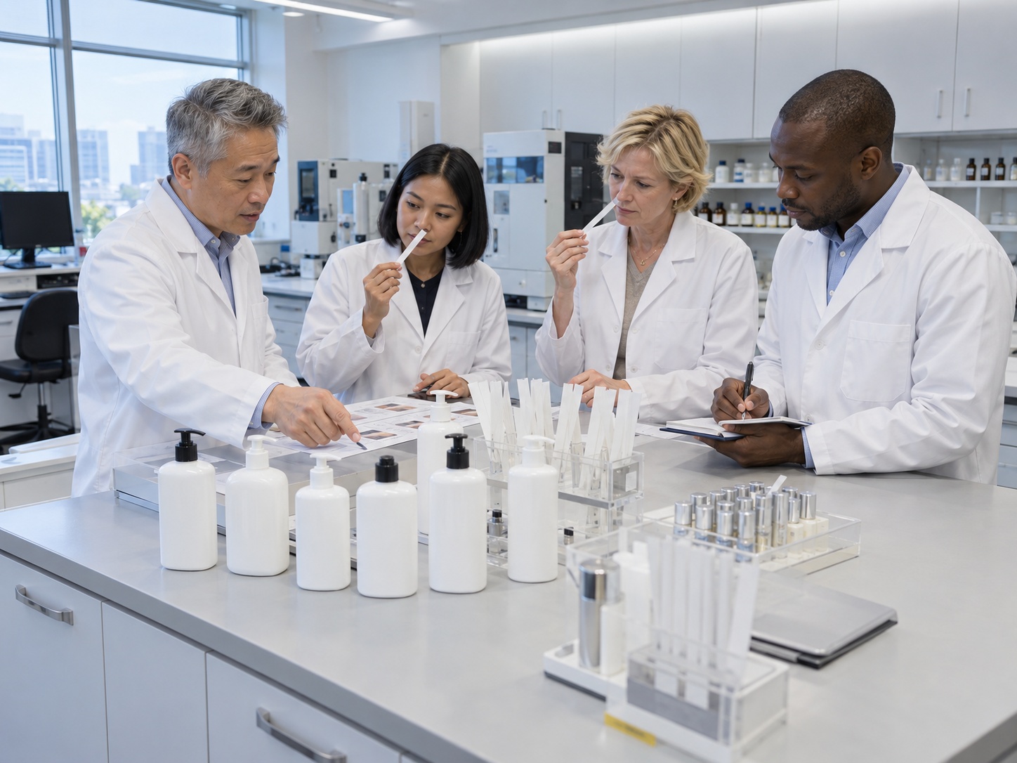 Illustrative fragrance application laboratory: four professionals reviewing personal-care fragrance samples